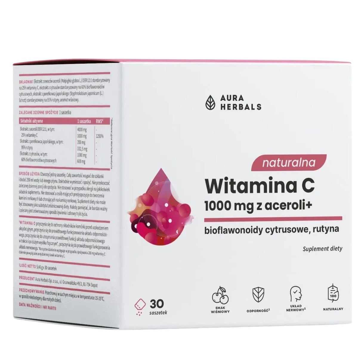 Aura Herbals Natural Vitamin C 1000 mg from Acerola, Cherry - 30 Sachets