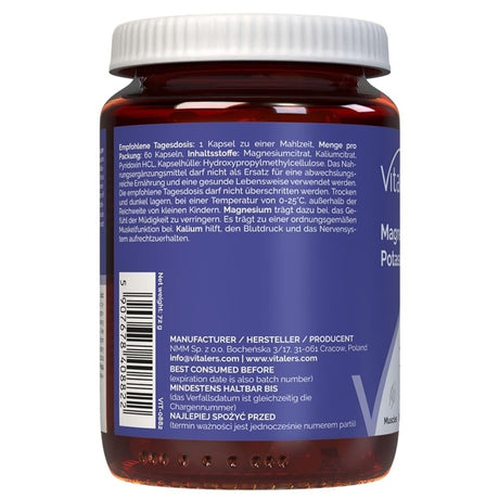 Vitaler's Magnésio 100 mg + Potássio 150 mg + Vitamina B6 6 mg - 60 Cápsulas