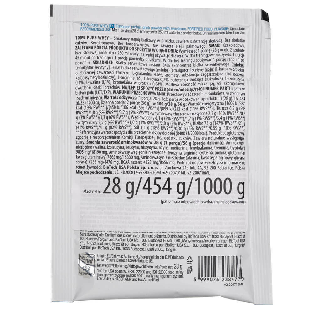 BioTech USA 100% Pure Whey, Chocolate Flavoured - 28 g